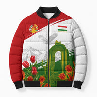 Tajikistan Independence Day Bomber Puffer Jacket Ismoil Somoni Monument Flag Map Red Tulips