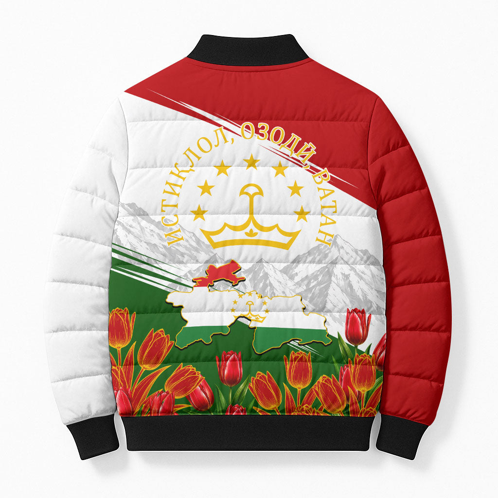 Tajikistan Independence Day Bomber Puffer Jacket Ismoil Somoni Monument Flag Map Red Tulips
