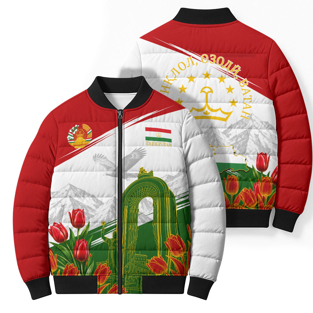 Tajikistan Independence Day Bomber Puffer Jacket Ismoil Somoni Monument Flag Map Red Tulips