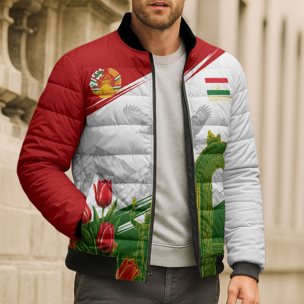 Tajikistan Independence Day Bomber Puffer Jacket Ismoil Somoni Monument Flag Map Red Tulips