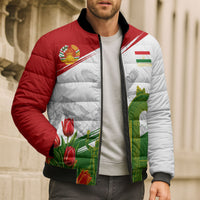 Tajikistan Independence Day Bomber Puffer Jacket Ismoil Somoni Monument Flag Map Red Tulips