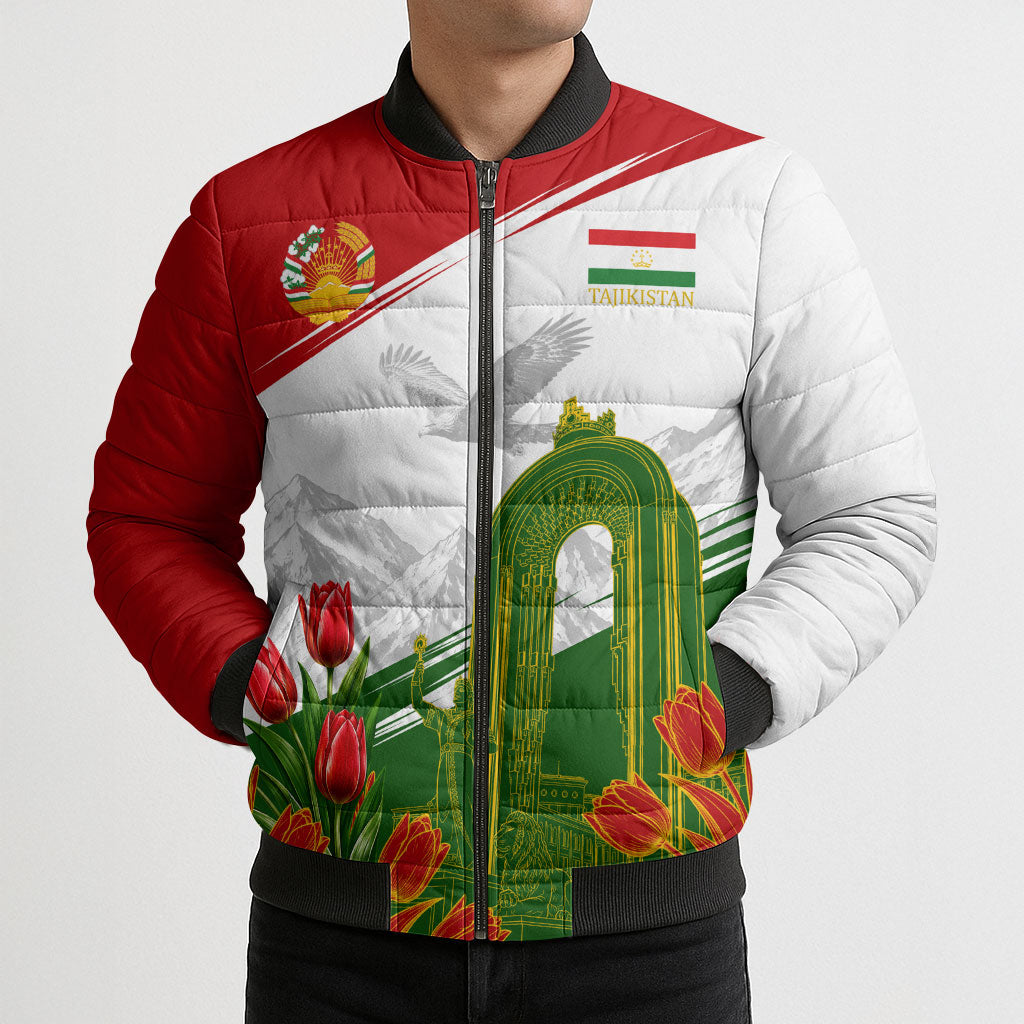 Tajikistan Independence Day Bomber Puffer Jacket Ismoil Somoni Monument Flag Map Red Tulips