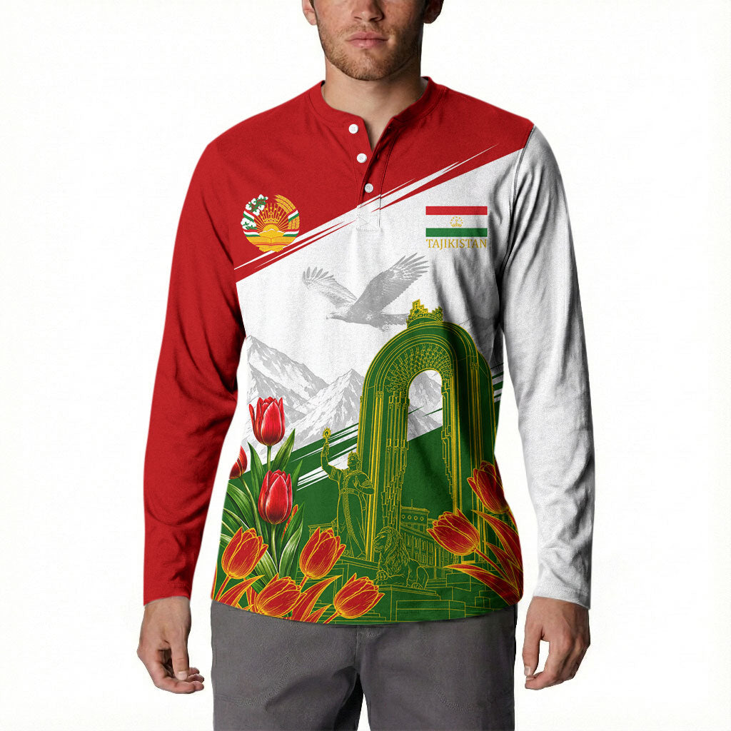 Tajikistan Independence Day Button Sweatshirt Ismoil Somoni Monument Flag Map Red Tulips