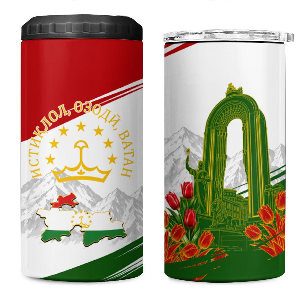 Tajikistan Independence Day 4 in 1 Can Cooler Tumbler Ismoil Somoni Monument Flag Map Red Tulips