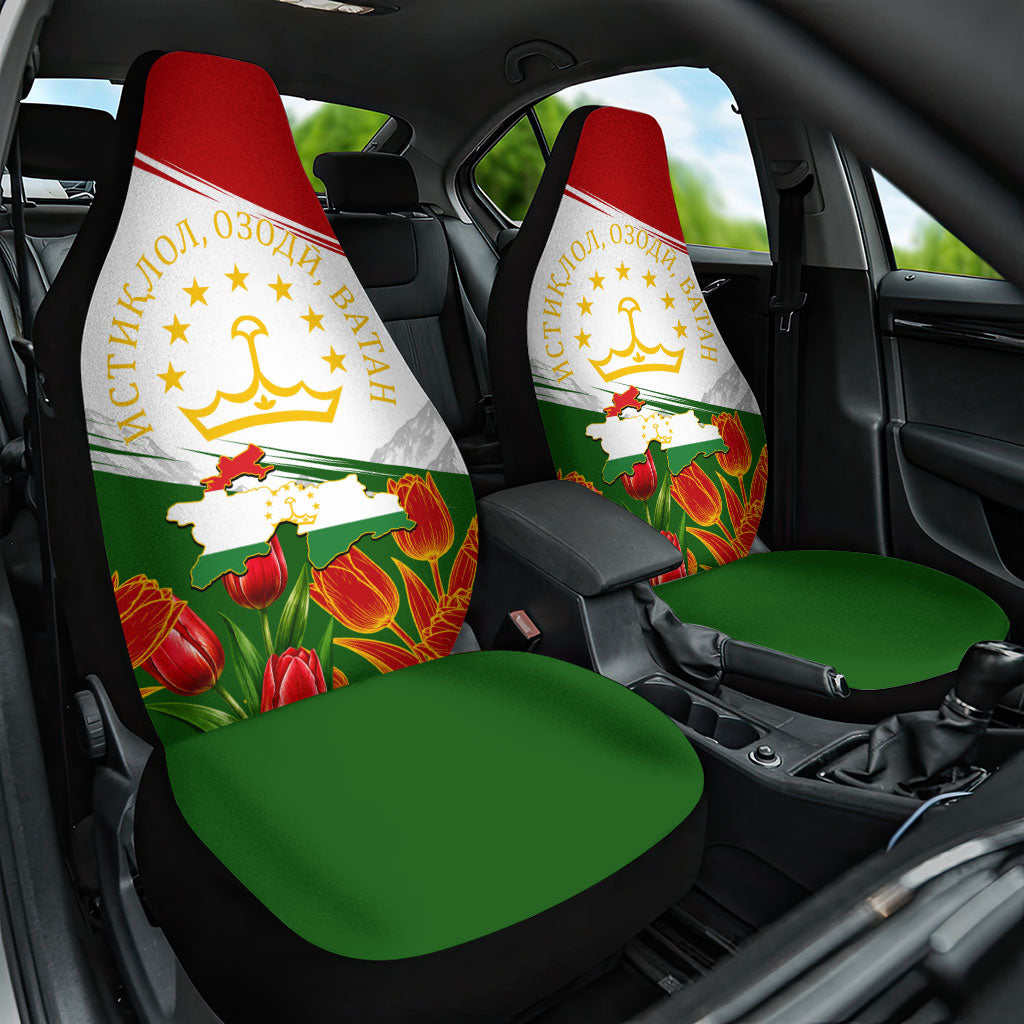 Tajikistan Independence Day Car Seat Cover Ismoil Somoni Monument Flag Map Red Tulips