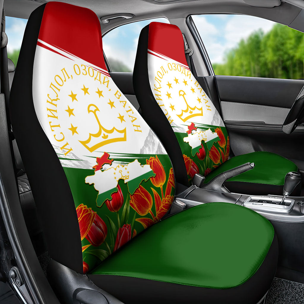 Tajikistan Independence Day Car Seat Cover Ismoil Somoni Monument Flag Map Red Tulips