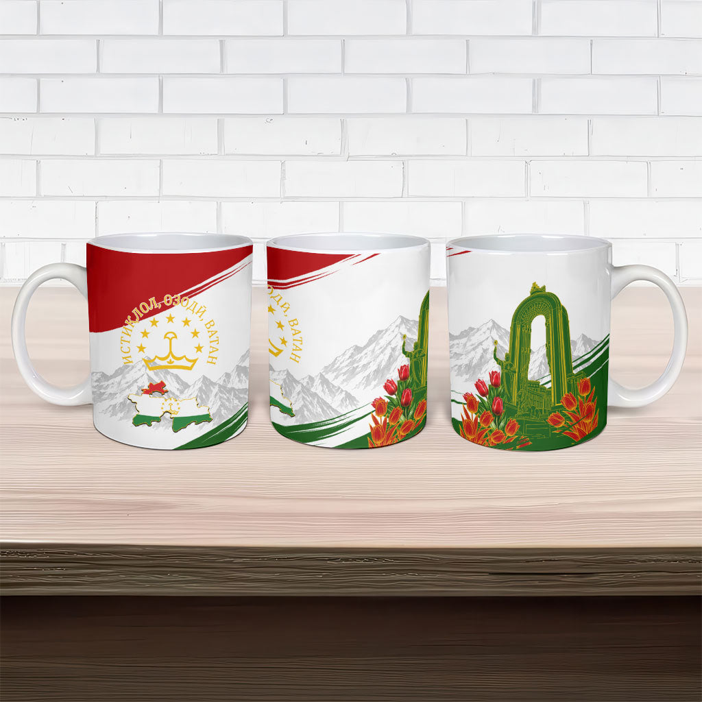 Tajikistan Independence Day Ceramic Mug Ismoil Somoni Monument Flag Map Red Tulips