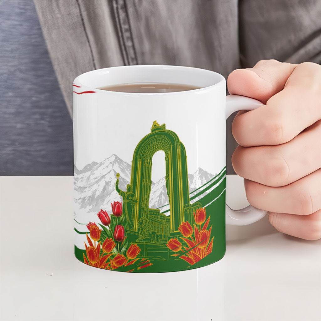 Tajikistan Independence Day Ceramic Mug Ismoil Somoni Monument Flag Map Red Tulips