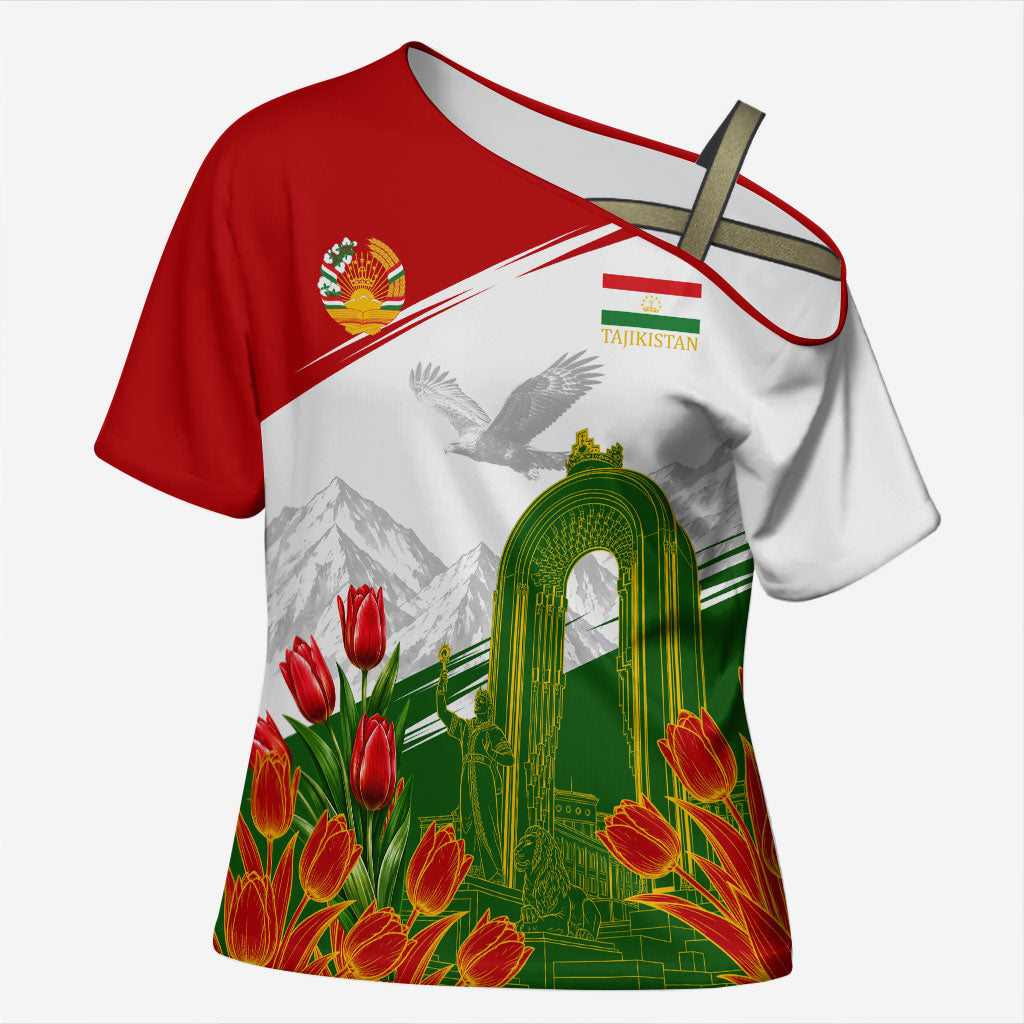 Tajikistan Independence Day Cross Shoulder Shirt Ismoil Somoni Monument Flag Map Red Tulips