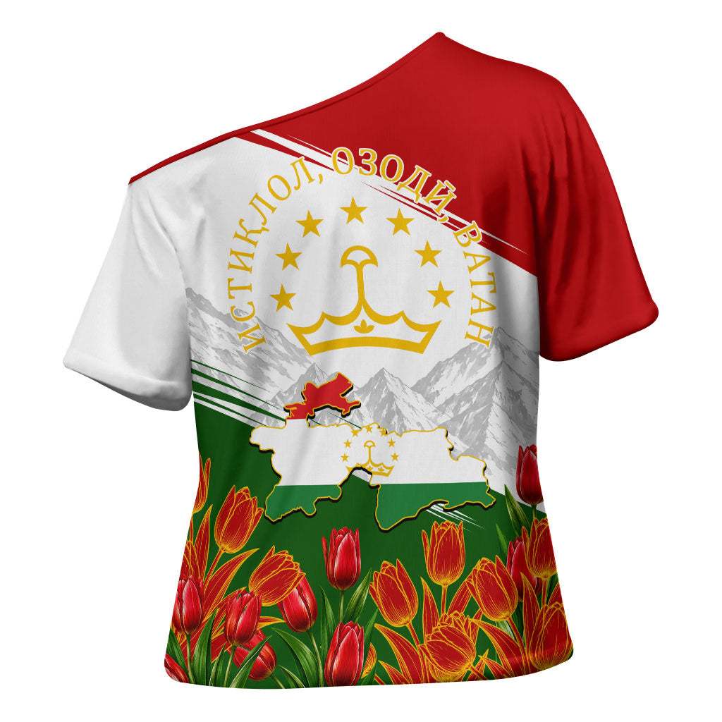 Tajikistan Independence Day Cross Shoulder Shirt Ismoil Somoni Monument Flag Map Red Tulips