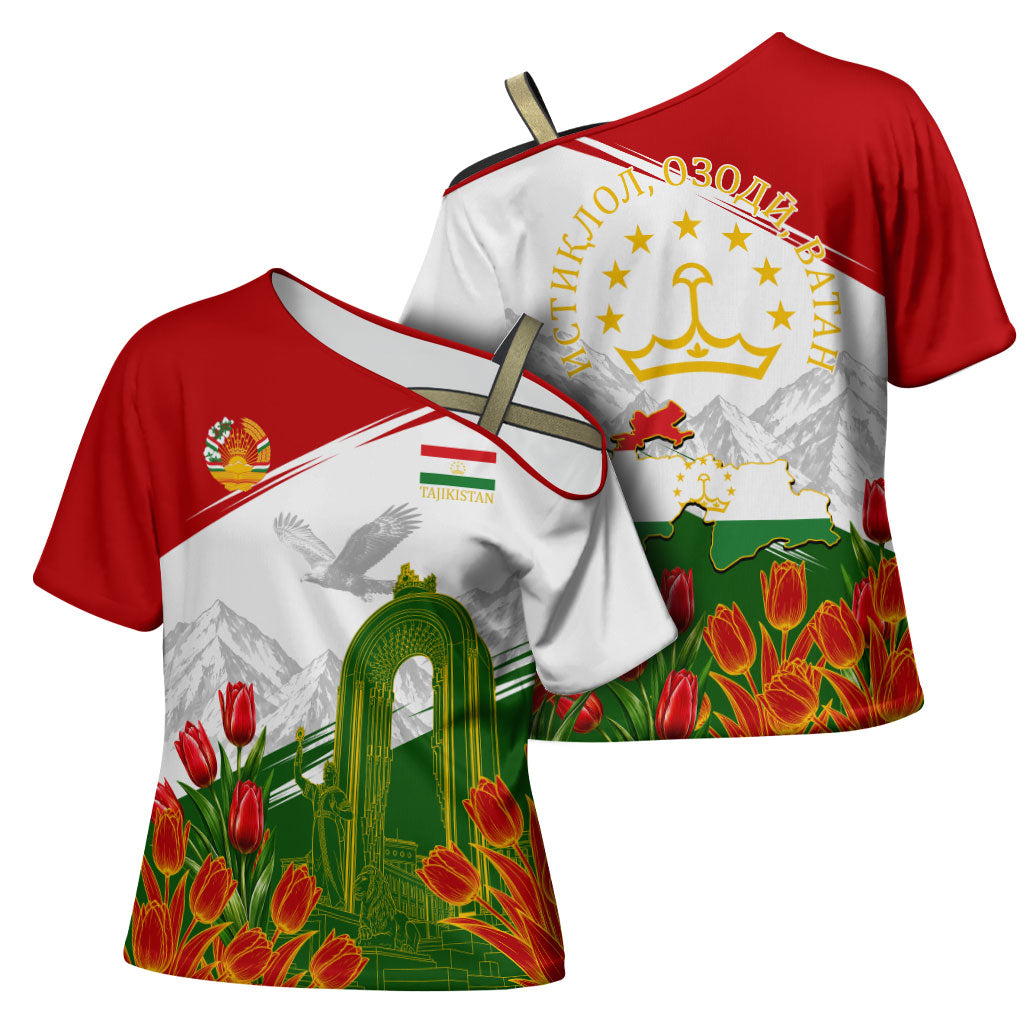 Tajikistan Independence Day Cross Shoulder Shirt Ismoil Somoni Monument Flag Map Red Tulips