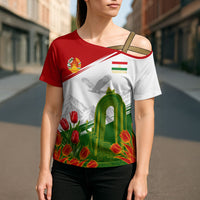 Tajikistan Independence Day Cross Shoulder Shirt Ismoil Somoni Monument Flag Map Red Tulips