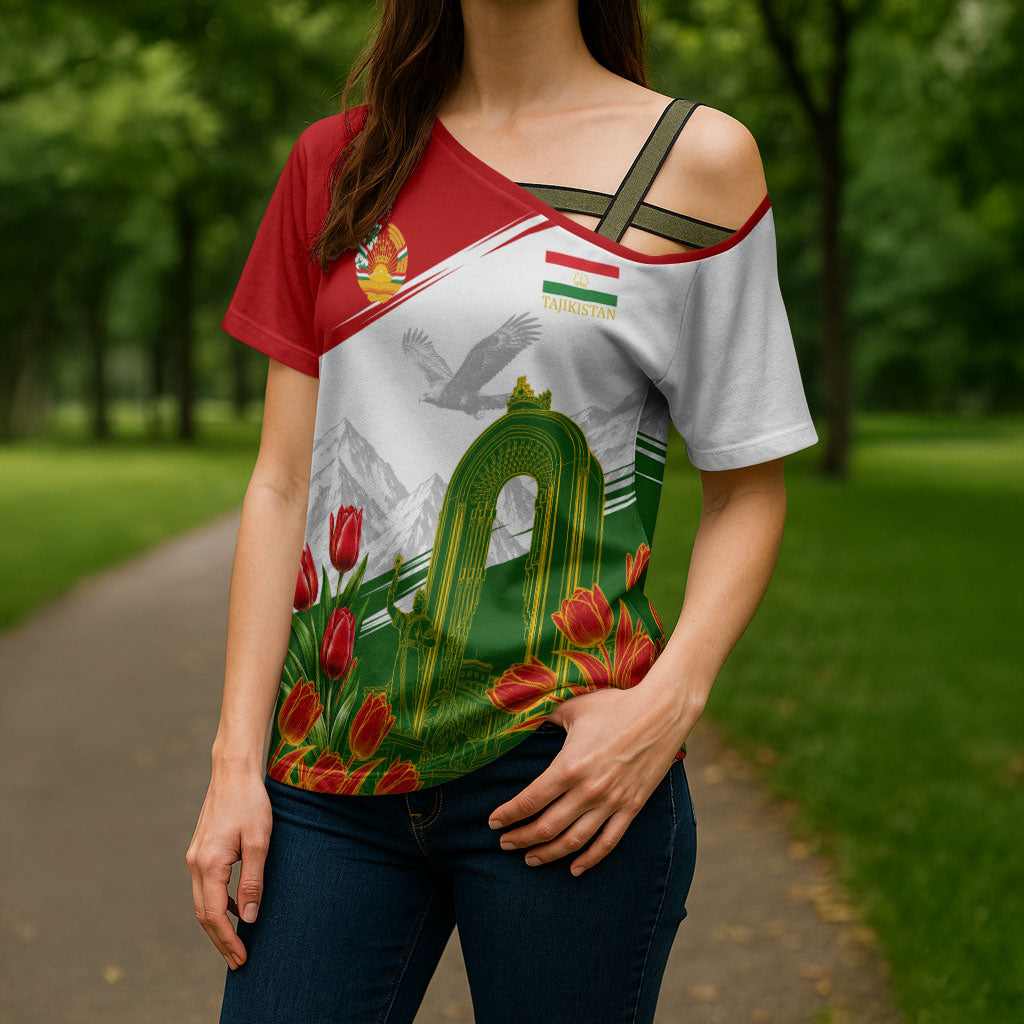 Tajikistan Independence Day Cross Shoulder Shirt Ismoil Somoni Monument Flag Map Red Tulips