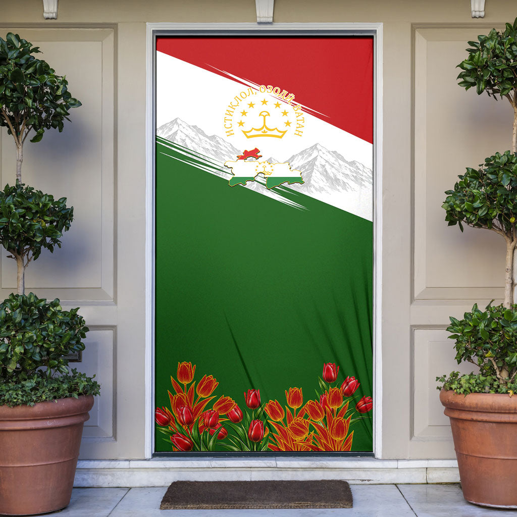 Tajikistan Independence Day Door Cover Ismoil Somoni Monument Flag Map Red Tulips
