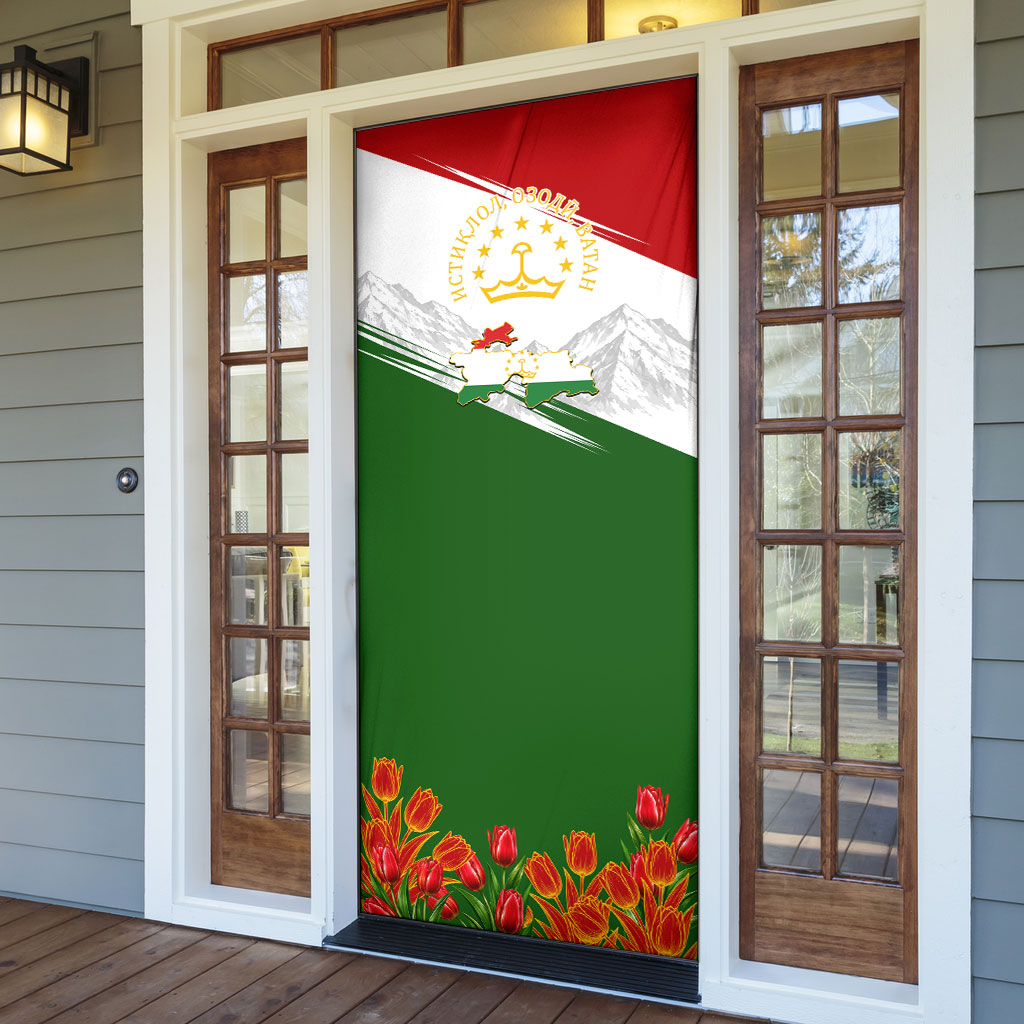 Tajikistan Independence Day Door Cover Ismoil Somoni Monument Flag Map Red Tulips