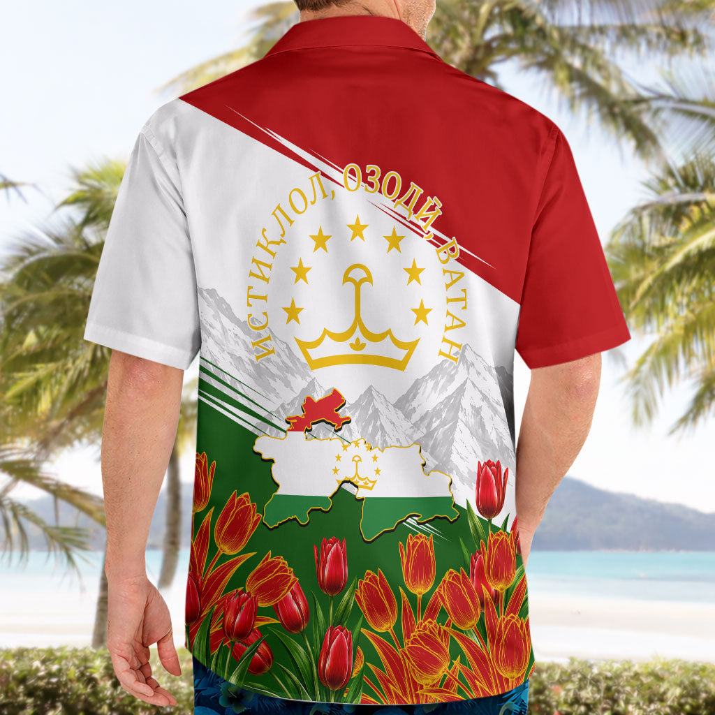 Tajikistan Independence Day Hawaiian Shirt Ismoil Somoni Monument Flag Map Red Tulips