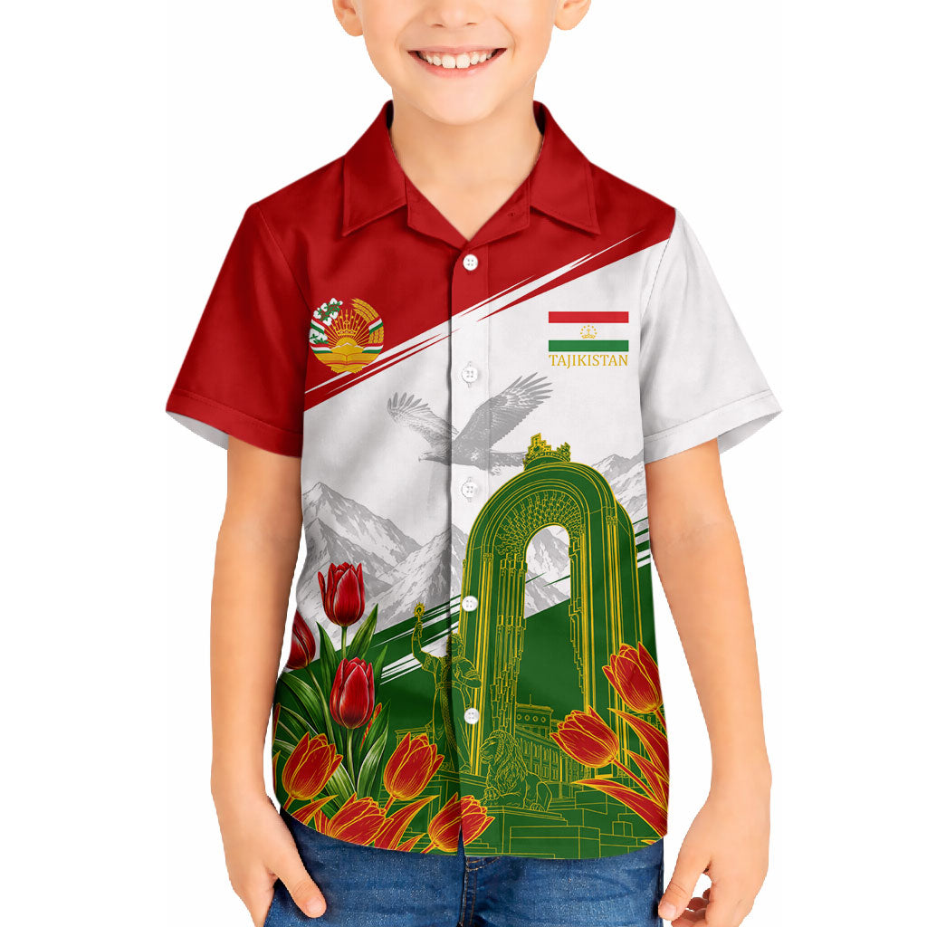 Tajikistan Independence Day Hawaiian Shirt Ismoil Somoni Monument Flag Map Red Tulips