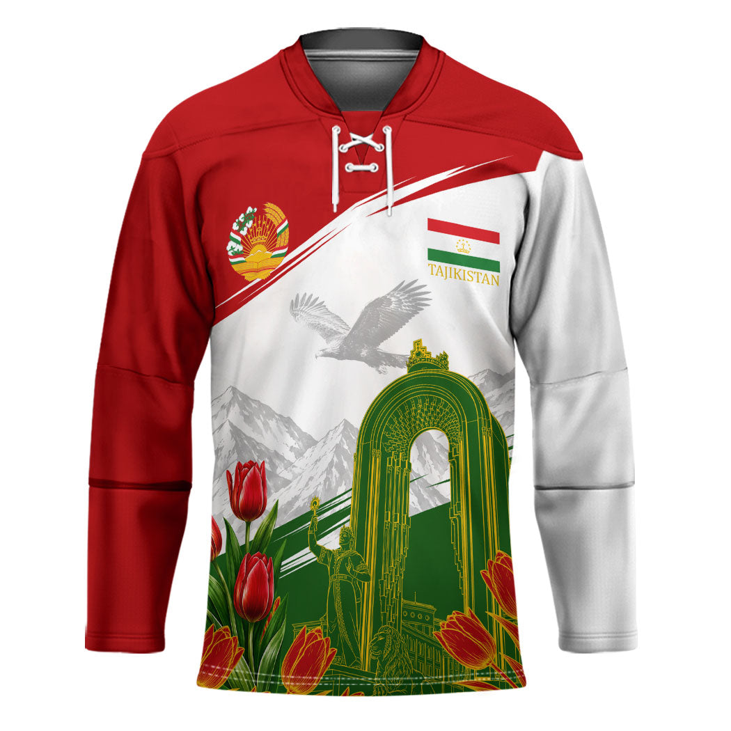 Tajikistan Independence Day Hockey Jersey Ismoil Somoni Monument Flag Map Red Tulips