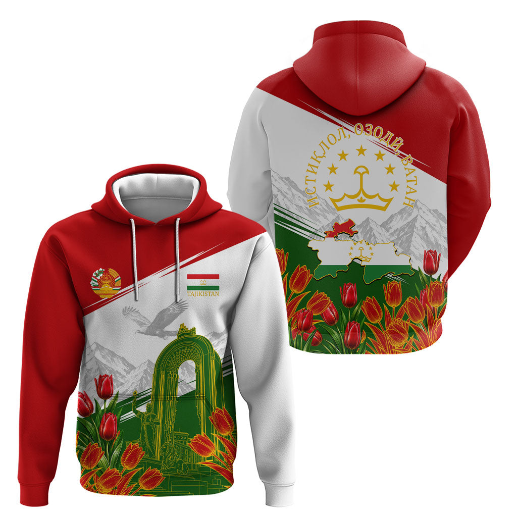 Tajikistan Independence Day Hoodie Ismoil Somoni Monument Flag Map Red Tulips
