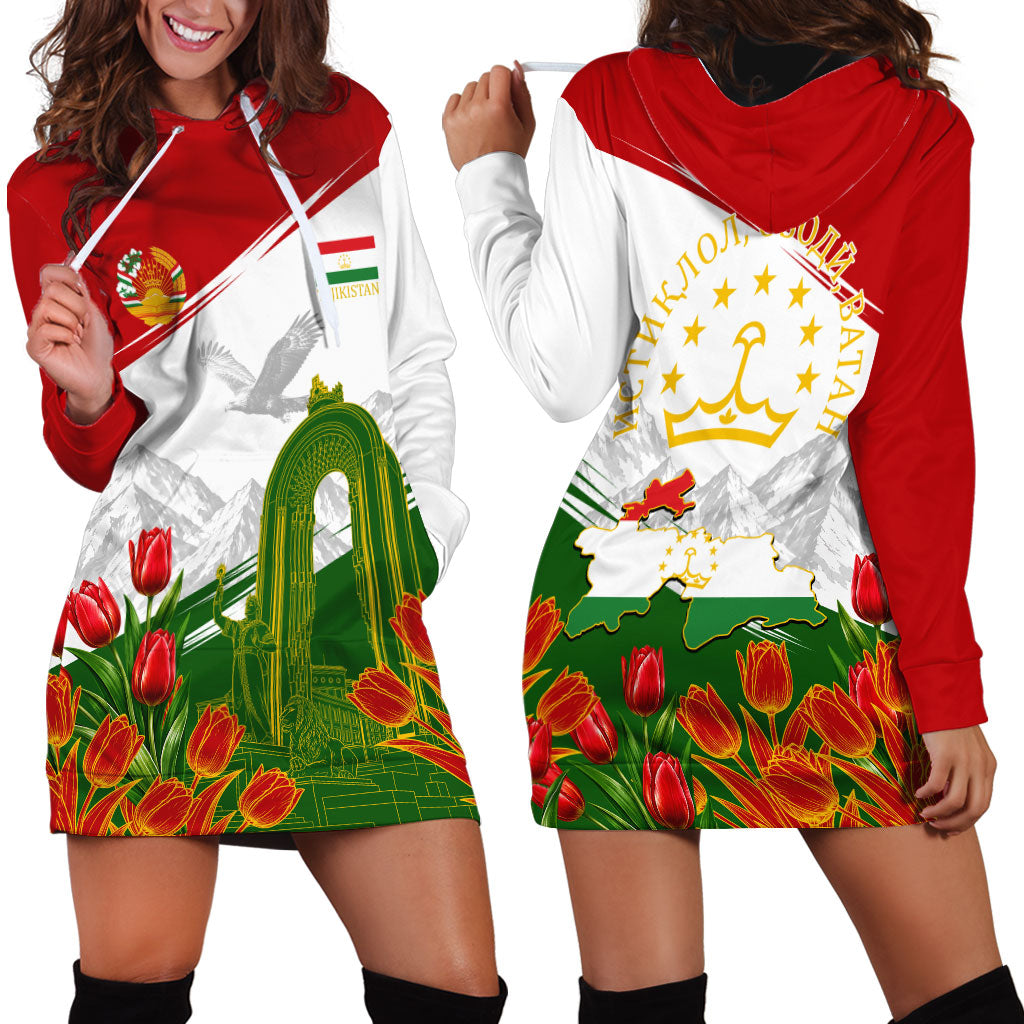 Tajikistan Independence Day Hoodie Dress Ismoil Somoni Monument Flag Map Red Tulips