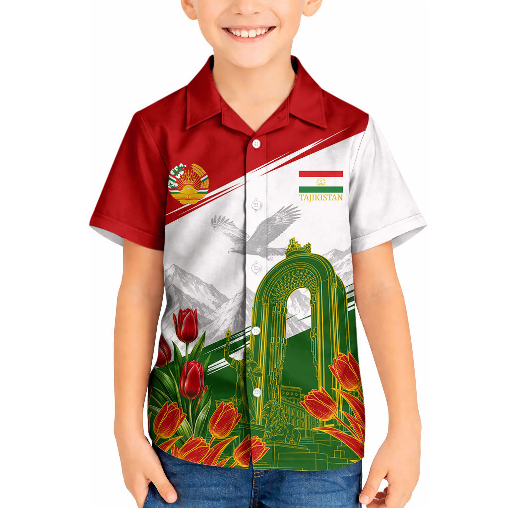Tajikistan Independence Day Kid Hawaiian Shirt Ismoil Somoni Monument Flag Map Red Tulips