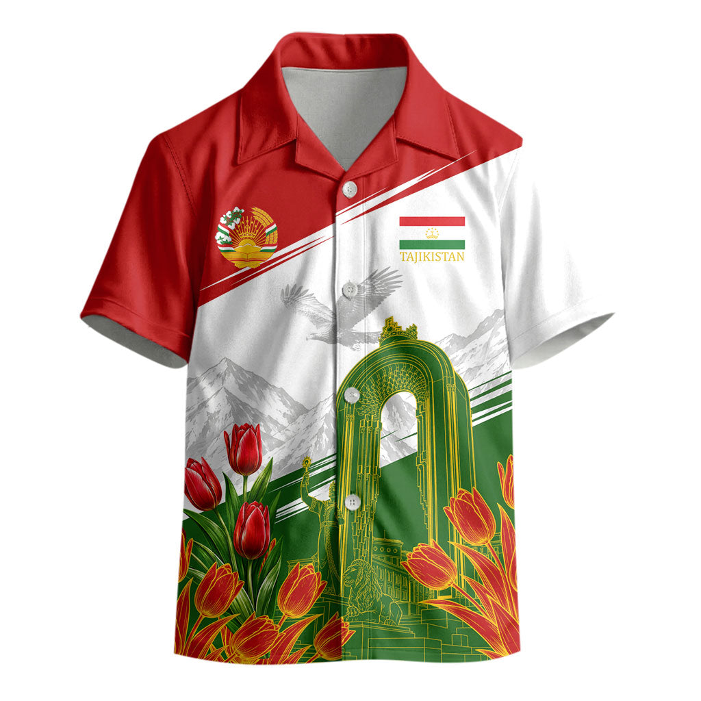 Tajikistan Independence Day Kid Hawaiian Shirt Ismoil Somoni Monument Flag Map Red Tulips