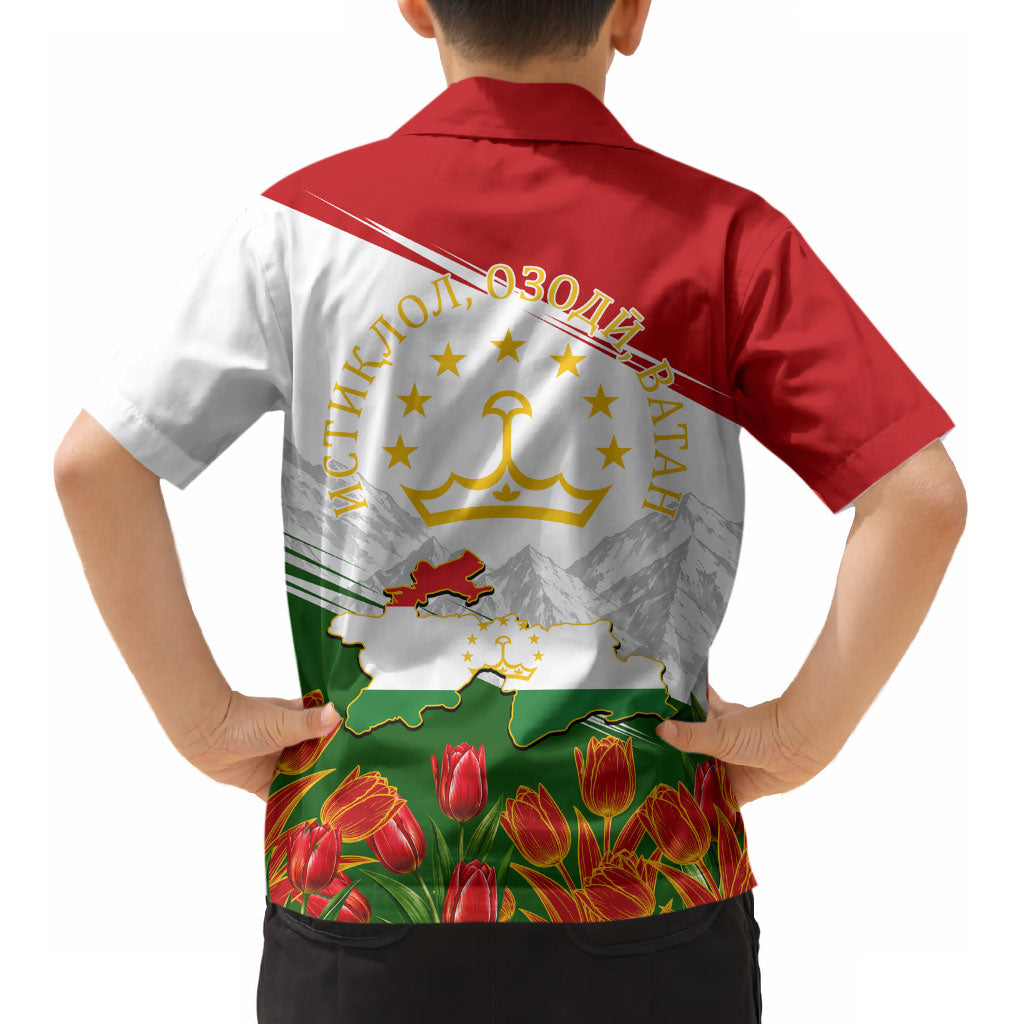 Tajikistan Independence Day Kid Hawaiian Shirt Ismoil Somoni Monument Flag Map Red Tulips