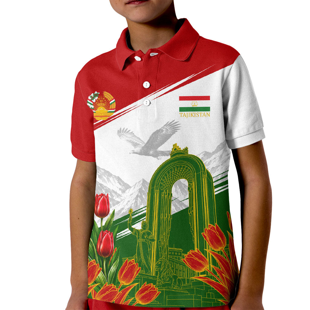 Tajikistan Independence Day Kid Polo Shirt Ismoil Somoni Monument Flag Map Red Tulips