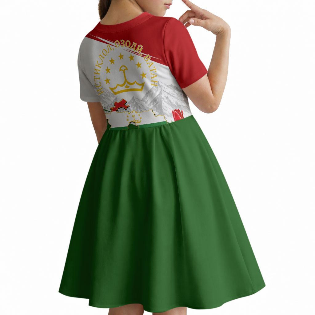 Tajikistan Independence Day Kid Short Sleeve Dress Ismoil Somoni Monument Flag Map Red Tulips