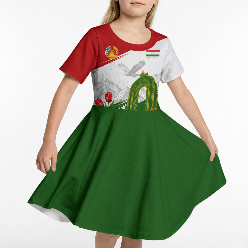 Tajikistan Independence Day Kid Short Sleeve Dress Ismoil Somoni Monument Flag Map Red Tulips