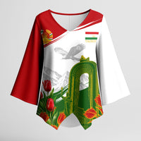 Tajikistan Independence Day Kimono Sleeve Blouse Ismoil Somoni Monument Flag Map Red Tulips