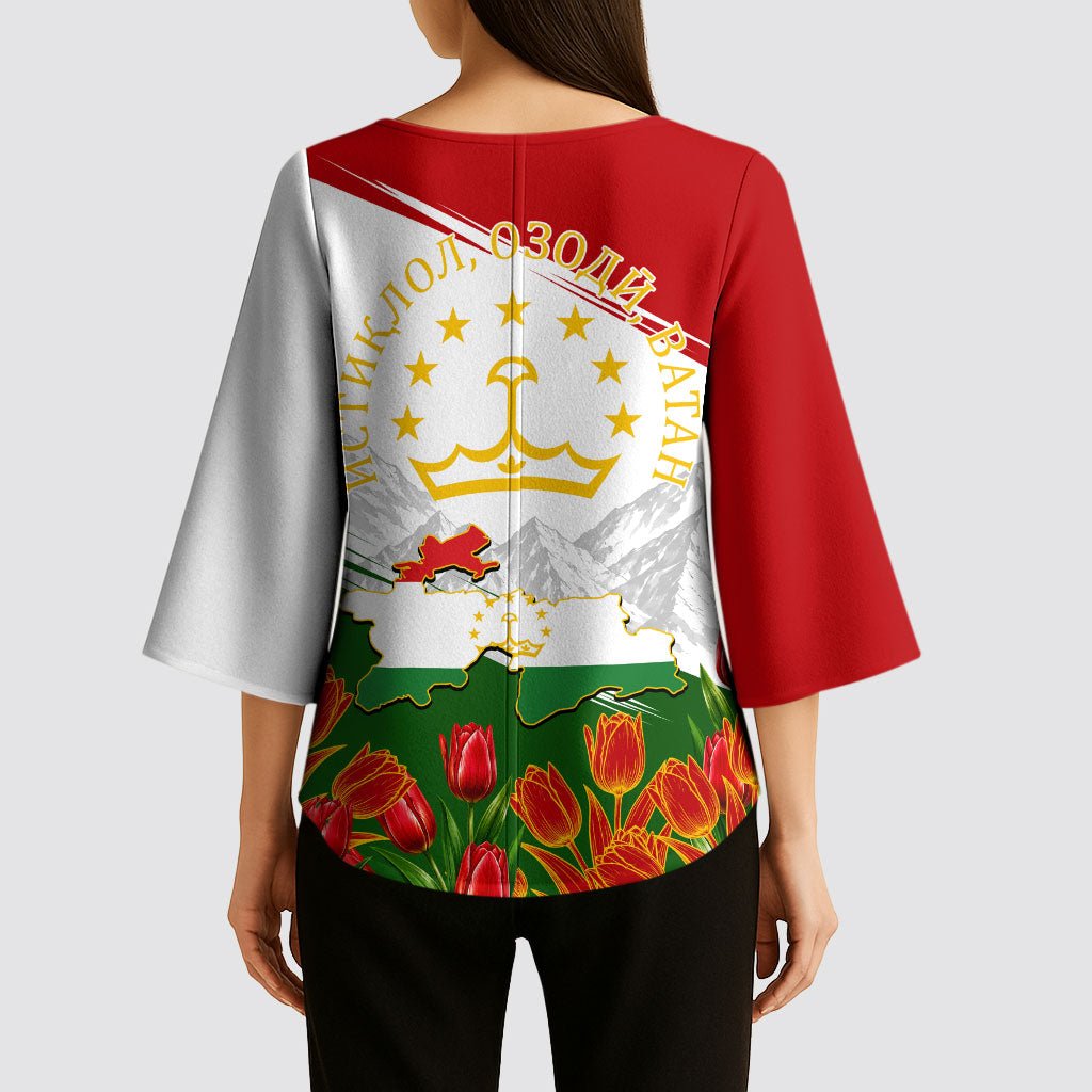 Tajikistan Independence Day Kimono Sleeve Blouse Ismoil Somoni Monument Flag Map Red Tulips