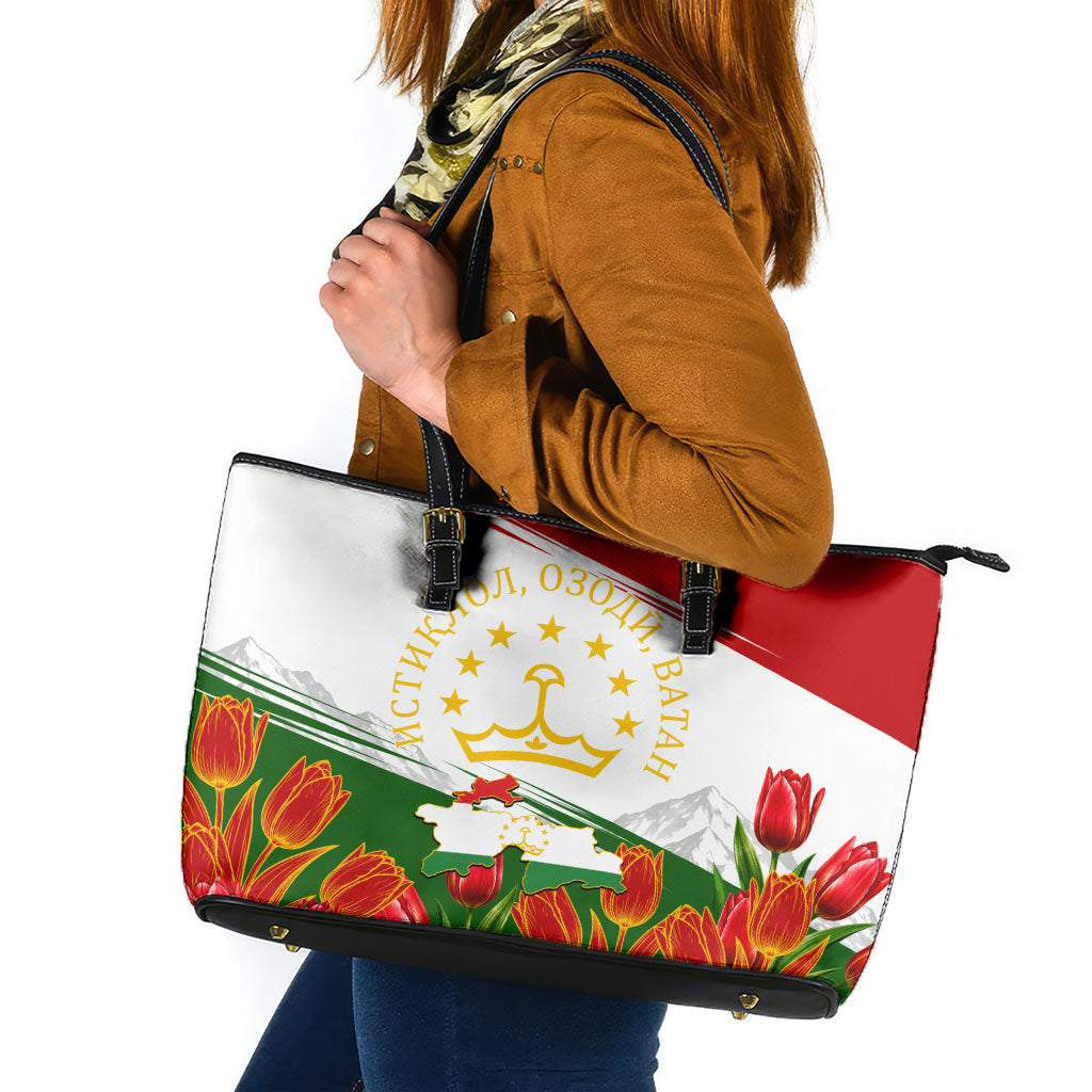 Tajikistan Independence Day Leather Tote Bag Ismoil Somoni Monument Flag Map Red Tulips