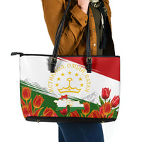 Tajikistan Independence Day Leather Tote Bag Ismoil Somoni Monument Flag Map Red Tulips