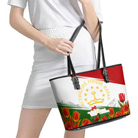 Tajikistan Independence Day Leather Tote Bag Ismoil Somoni Monument Flag Map Red Tulips