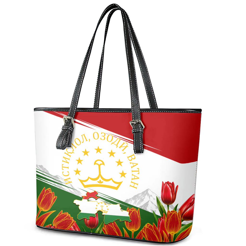 Tajikistan Independence Day Leather Tote Bag Ismoil Somoni Monument Flag Map Red Tulips