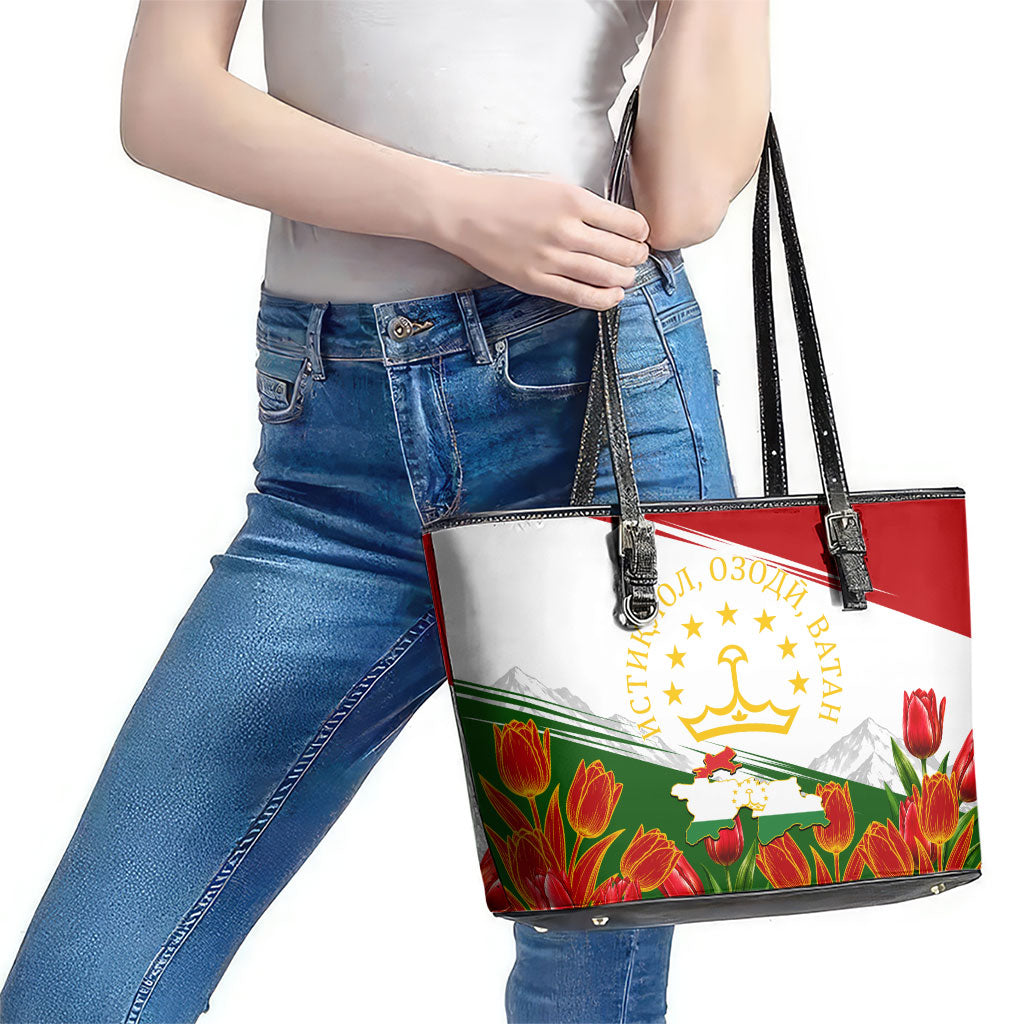 Tajikistan Independence Day Leather Tote Bag Ismoil Somoni Monument Flag Map Red Tulips