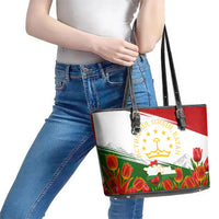 Tajikistan Independence Day Leather Tote Bag Ismoil Somoni Monument Flag Map Red Tulips
