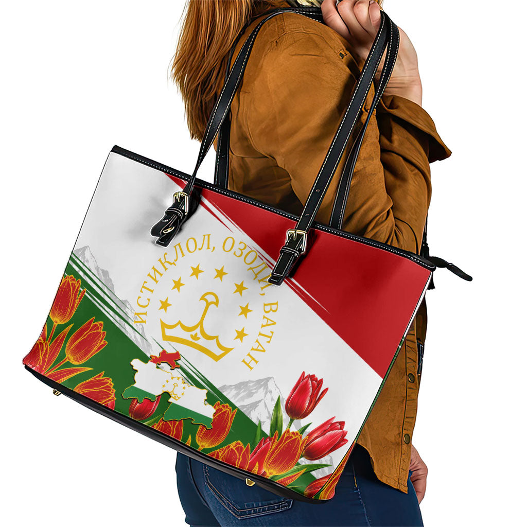 Tajikistan Independence Day Leather Tote Bag Ismoil Somoni Monument Flag Map Red Tulips