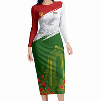Tajikistan Independence Day Long Sleeve Bodycon Dress Ismoil Somoni Monument Flag Map Red Tulips