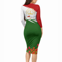 Tajikistan Independence Day Long Sleeve Bodycon Dress Ismoil Somoni Monument Flag Map Red Tulips