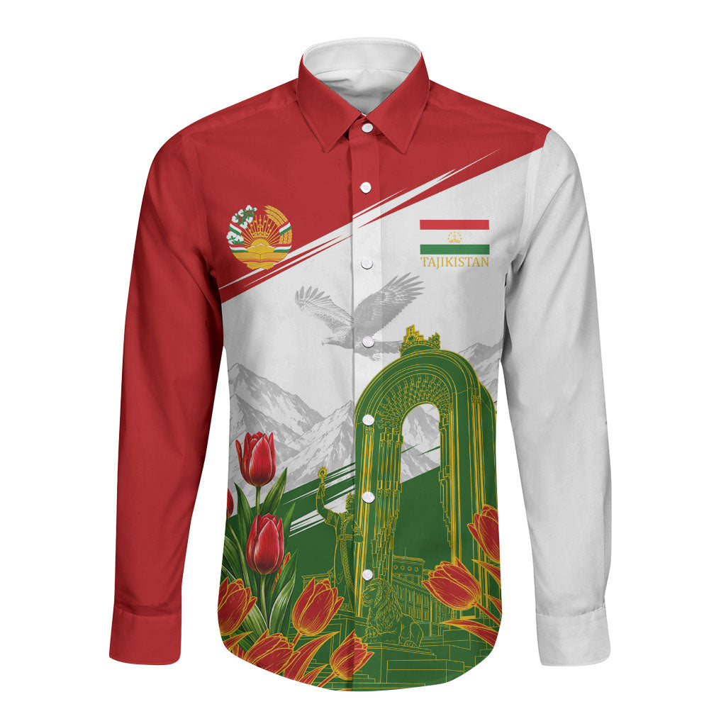 Tajikistan Independence Day Long Sleeve Button Shirt Ismoil Somoni Monument Flag Map Red Tulips