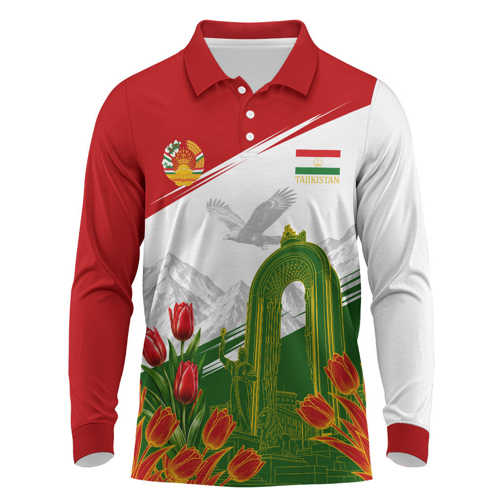 Tajikistan Independence Day Long Sleeve Polo Shirt Ismoil Somoni Monument Flag Map Red Tulips