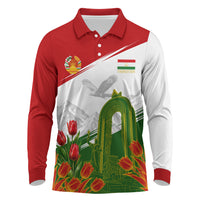 Tajikistan Independence Day Long Sleeve Polo Shirt Ismoil Somoni Monument Flag Map Red Tulips