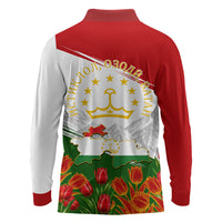 Tajikistan Independence Day Long Sleeve Polo Shirt Ismoil Somoni Monument Flag Map Red Tulips