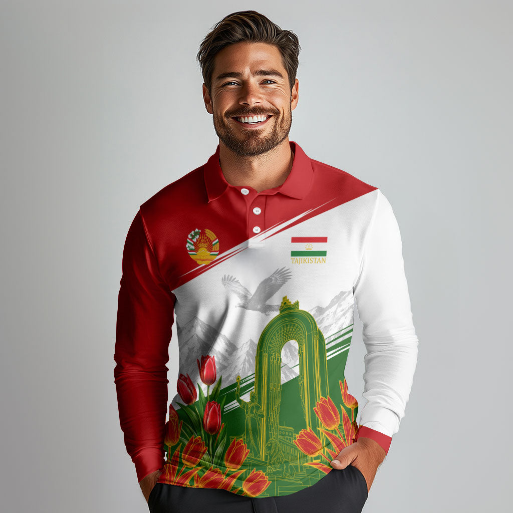 Tajikistan Independence Day Long Sleeve Polo Shirt Ismoil Somoni Monument Flag Map Red Tulips