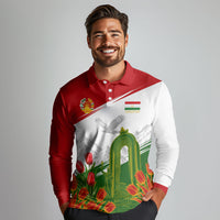 Tajikistan Independence Day Long Sleeve Polo Shirt Ismoil Somoni Monument Flag Map Red Tulips