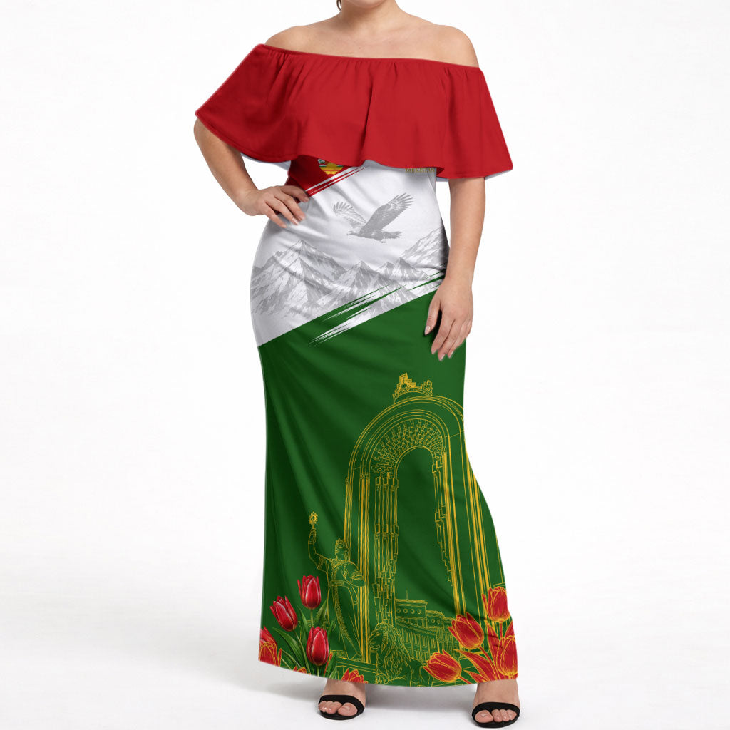Tajikistan Independence Day Off Shoulder Maxi Dress Ismoil Somoni Monument Flag Map Red Tulips