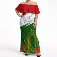 Tajikistan Independence Day Off Shoulder Maxi Dress Ismoil Somoni Monument Flag Map Red Tulips