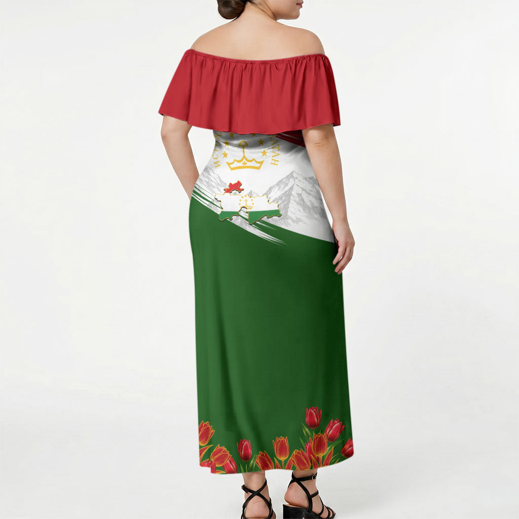 Tajikistan Independence Day Off Shoulder Maxi Dress Ismoil Somoni Monument Flag Map Red Tulips